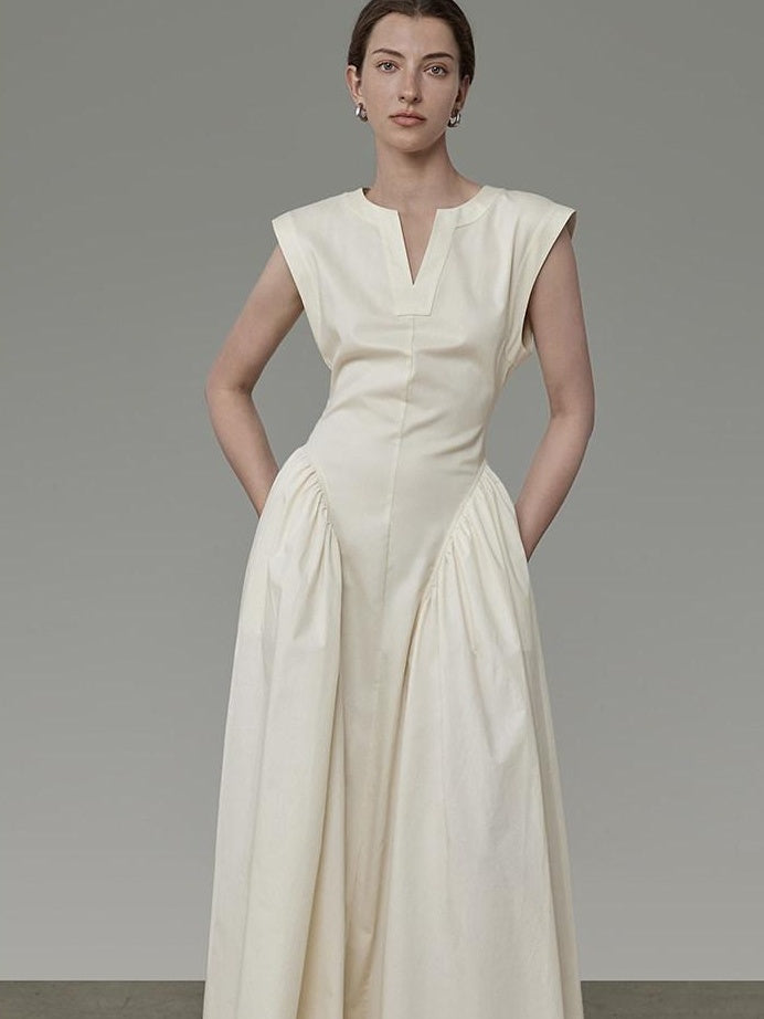 unspoken High Waist Colorblock V-neck Sleeveless Workwear A Line Cotton Maxi Dresses