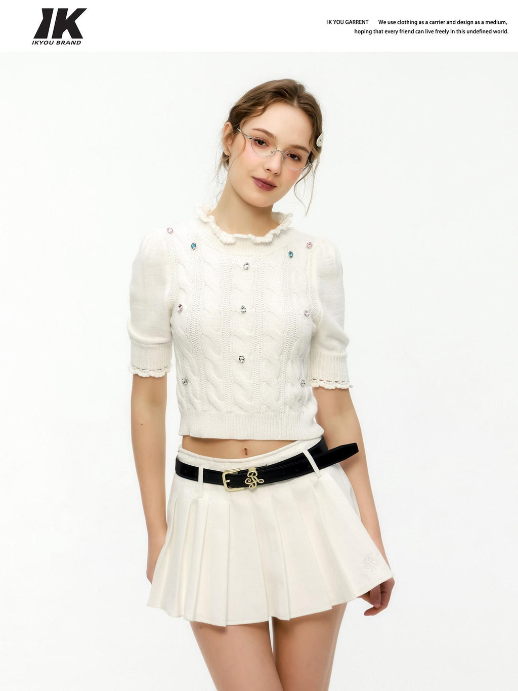 ikyou Rhinestone Lace Hollowout 3D Detail Minimal Commuter Slim Crop Knitwear Sweaters