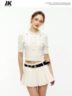 ikyou Rhinestone Lace Hollowout 3D Detail Minimal Commuter Slim Crop Knitwear Sweaters