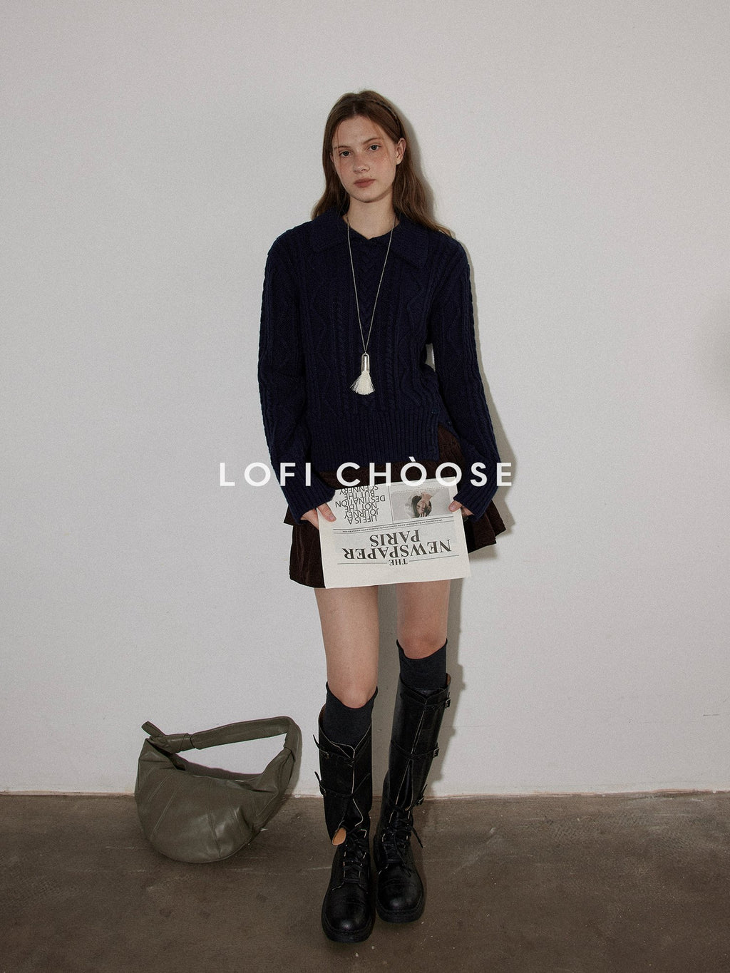 Lofi choose Cozy Pullover Relaxed Fit Commuter Office Knit Long Sleeve Beige Navy Sweaters