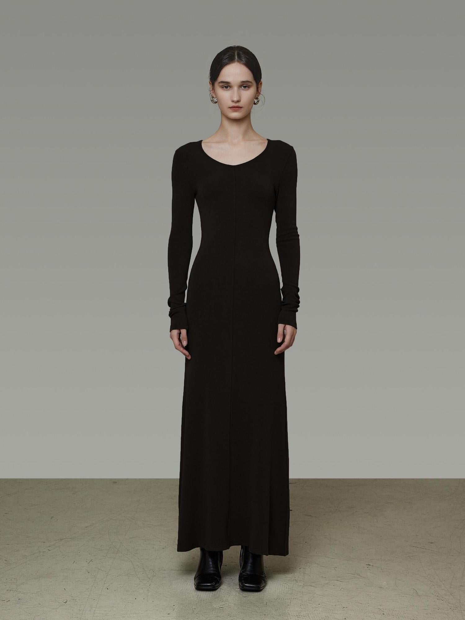 unspoken Breathable Minimalist High Waist Aline Knit Long Sleeve Women Black Maxi Dresses