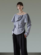 unspoken Breathable 100% Cotton Loose Boat Neck Long Sleeve Women Office Striped Blouses