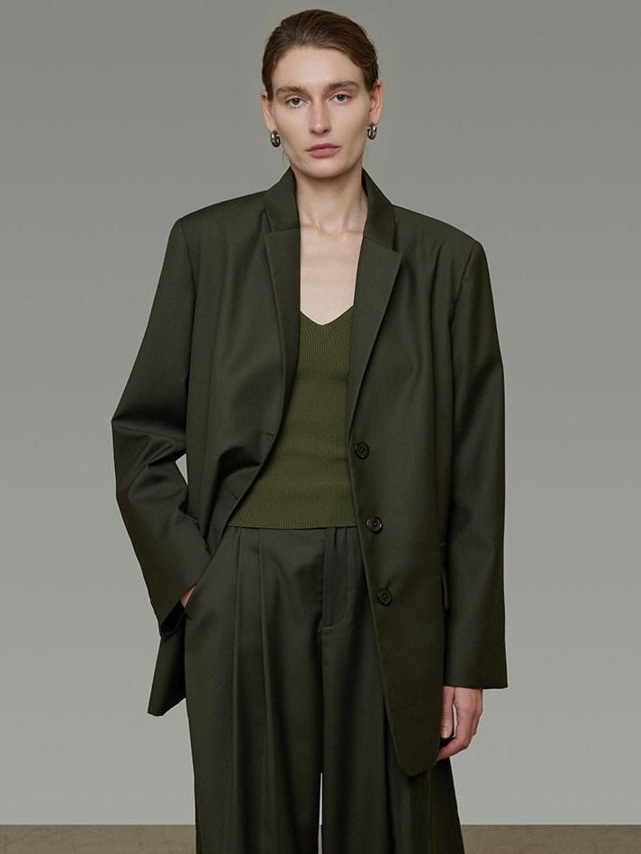 unspoken Breathable Dark Green Loose Lapel Blazer High Waist Casual Top & Skirt Sets