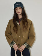 Lofi choose Plaid Zip Front Loose Fit Commuter Long Sleeve Women Sand Khaki Cropped Jackets