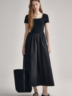 fano Cotton High Waist A Line Square Neck Short Sleeve Office Casual Maxi Dresses