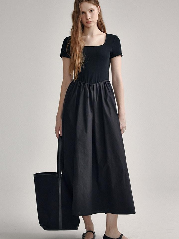 fano Cotton High Waist A Line Square Neck Short Sleeve Office Casual Maxi Dresses