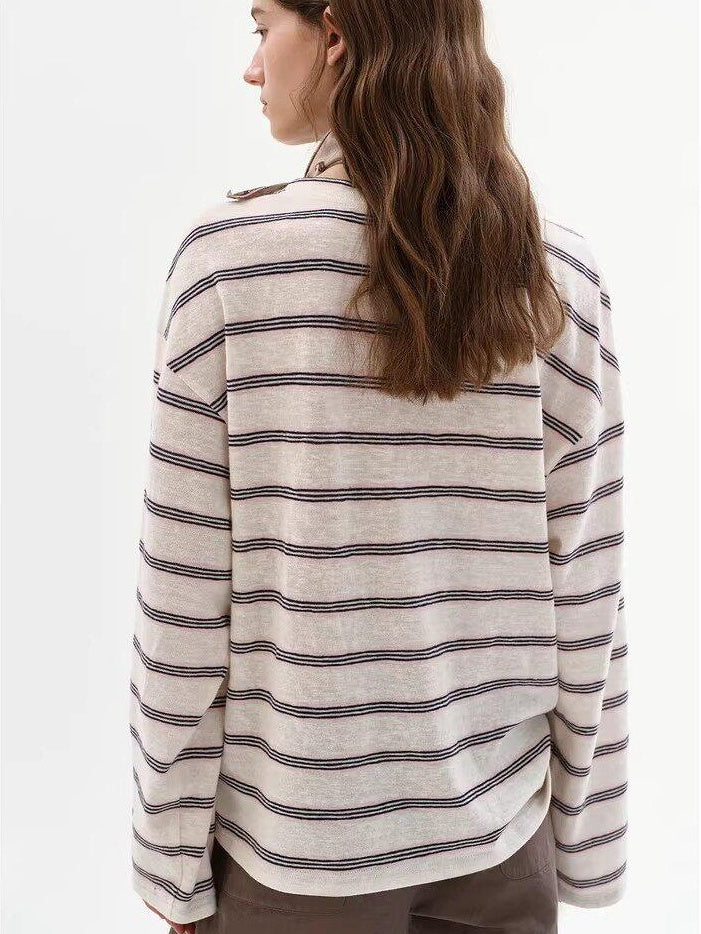 fano Cotton Blend Relaxed Loose Round Neck Women Striped Long Sleeve T-Shirts