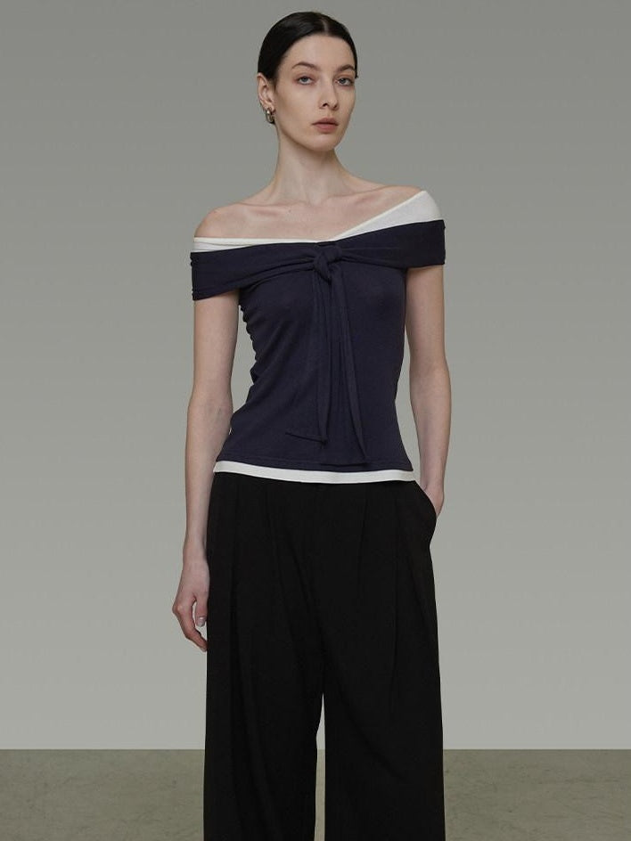 unspoken Viscose Blend Contrast Slim Fit Commuter Women Bardot Off Shoulder Crop Tops
