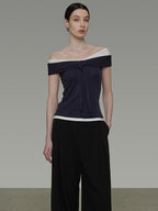 unspoken Viscose Blend Contrast Slim Fit Commuter Women Bardot Off Shoulder Crop Tops