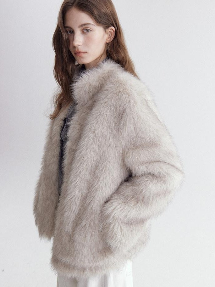 fano Warm Faux Fur Lined Oversized Stand Collar Casual Women Grey Apricot Short Coat