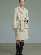 unspoken Porcelain White Wool Blend Minimal Office Single Breasted Notch Top & Skirt Sets
