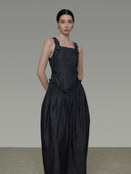unspoken Minimalist Pleated Cinched Waist Cotton A Line Strap Dress Women Maxi Dresses