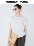 audreyyang Pure Cotton Loose Fit Casual Round Neck Women White Navy Short Sleeve T-Shirts