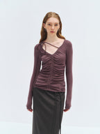 someonesometimes Lyocell Wool Slim Fit V-neck Knit Women Fig Purple Long Sleeve T-Shirts