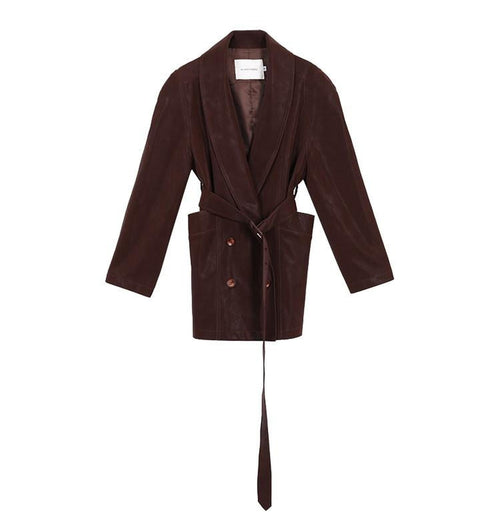audreyyang Distressed Washed Pu Relaxed Midlength Blazer Collar Vintage Red Leather Jackets