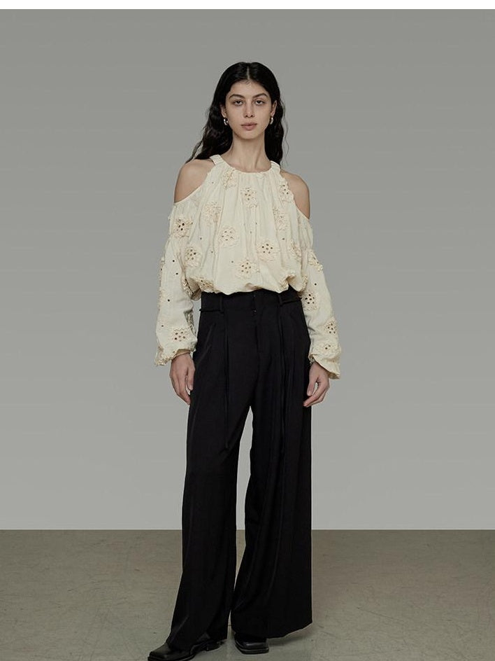 unspoken Breathable Skin Friendly Embroidered Loose Round Neck Long Sleeve Office Blouses
