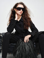 audreyyang Vintage Loose Square Neck Long Sleeve Midi Cardigan Black Polyester Blouses