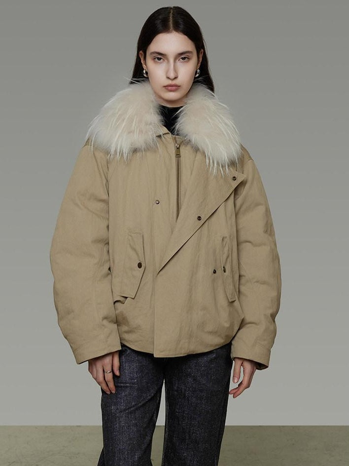 unspoken 90% White Duck Down Fur Collar Loose Commuter Khaki Zip Lapel Down Jackets