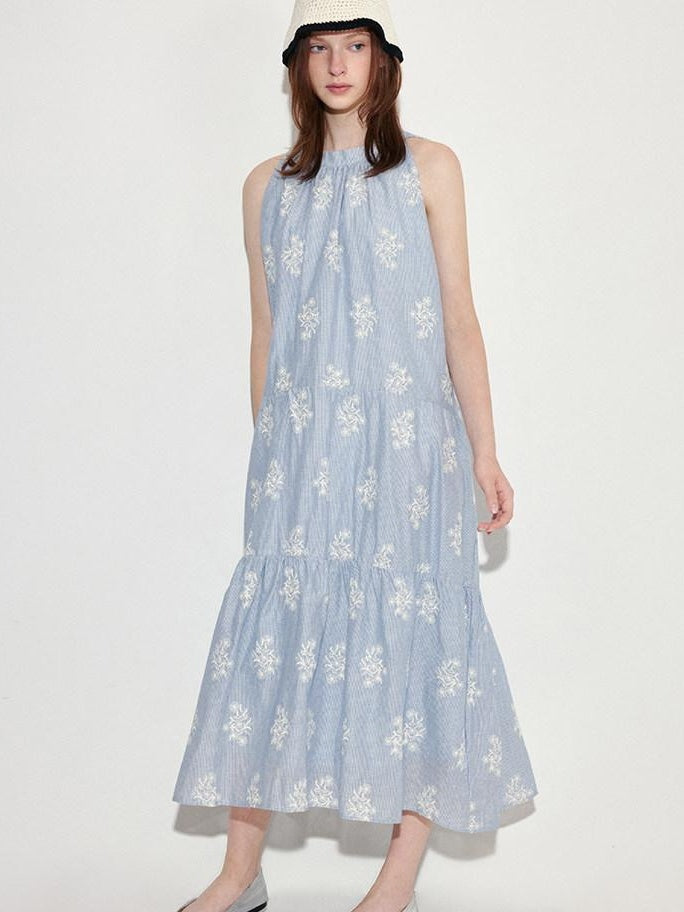 fano 100 Percent Cotton Sleeveless A Line Korean Commuter Women Blue Maxi Dresses