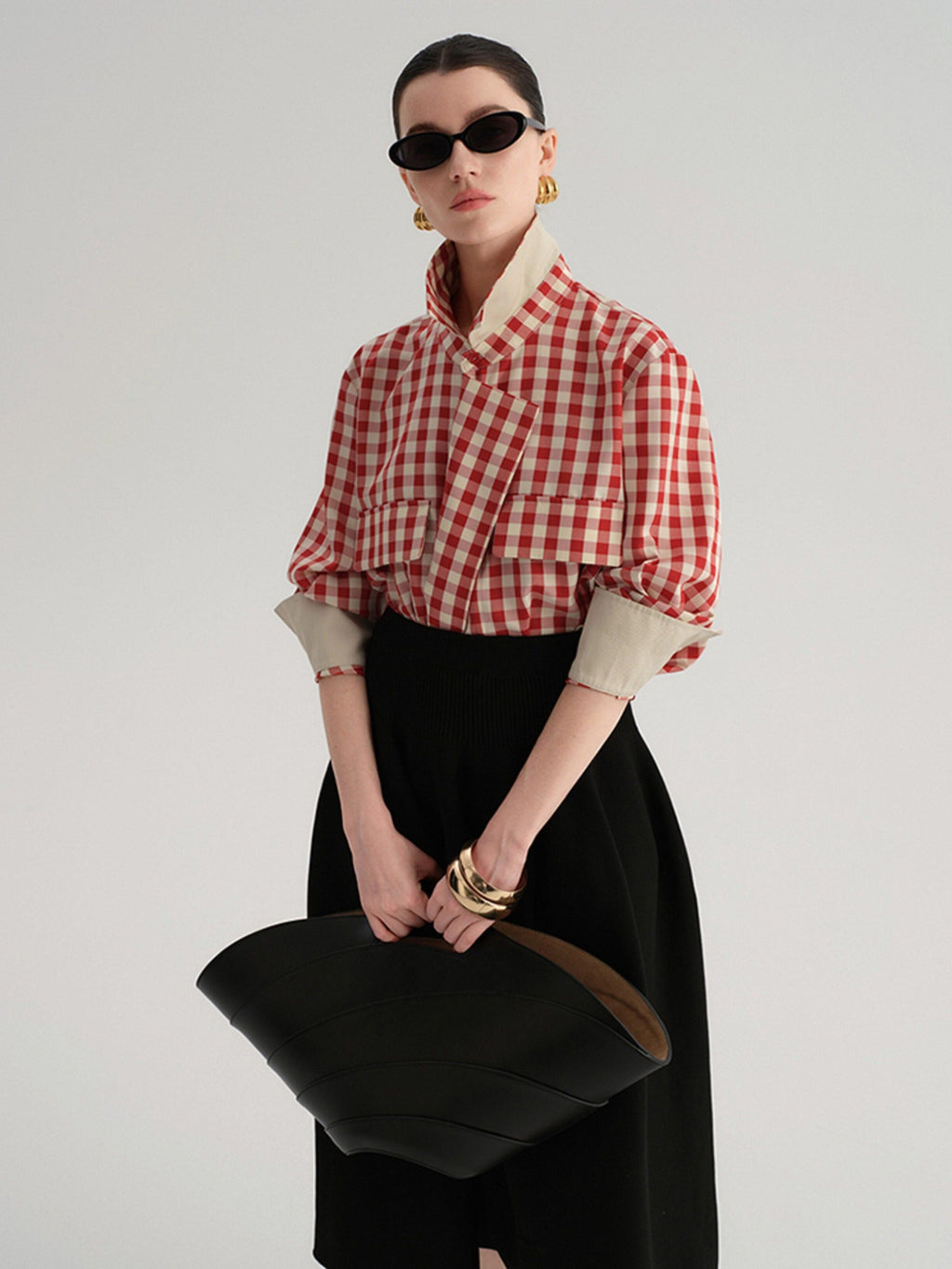 audreyyang Vintage Plaid Loose Fit Long Sleeve Collared Open Front Polyester Women Shirts