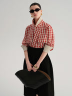 audreyyang Vintage Plaid Loose Fit Long Sleeve Collared Open Front Polyester Women Shirts
