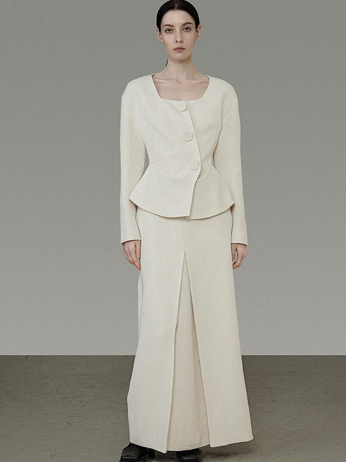 unspoken Slim Office Button Front Long Sleeve Cream Polyester Women Top & Skirt Sets