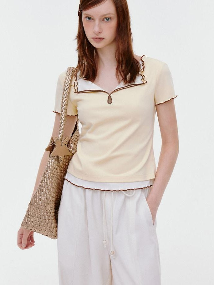 fano Lyocell Cotton Blend Slim Fit Korean Commuter Yellow Short Sleeve T-Shirts