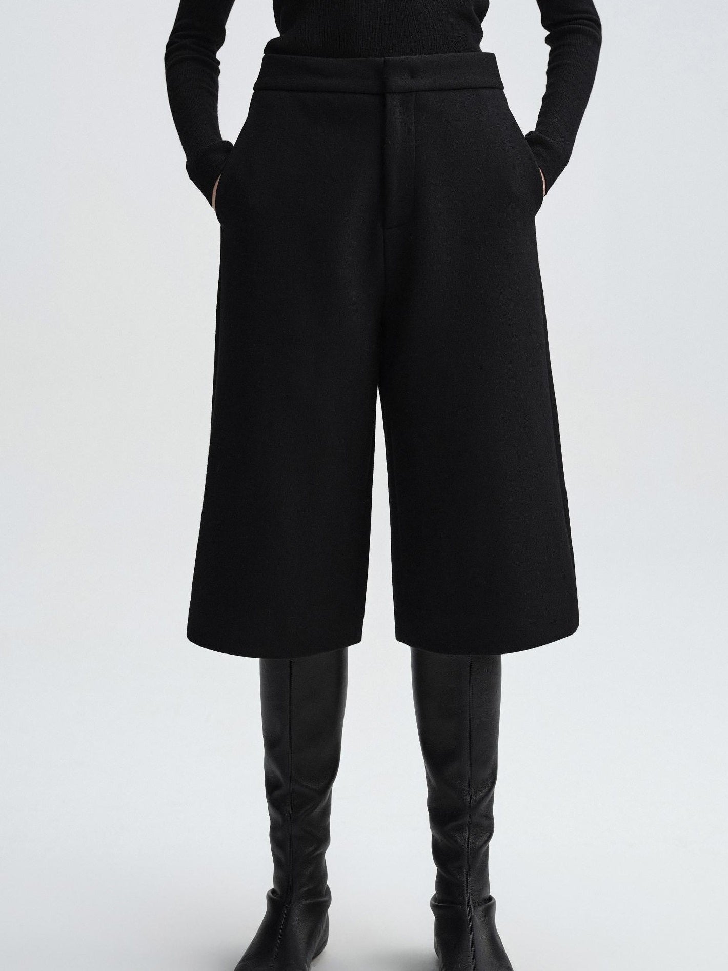 audreyyang Wool Blend Minimalist Wide Leg Natural Waist Womens Workwear Mid-Length Shorts