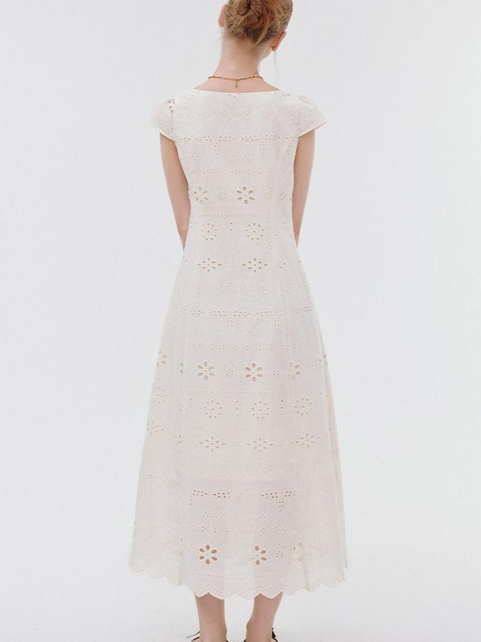 fano Breathable Cotton A Line Square Neck Short Sleeve Work White Maxi Dresses