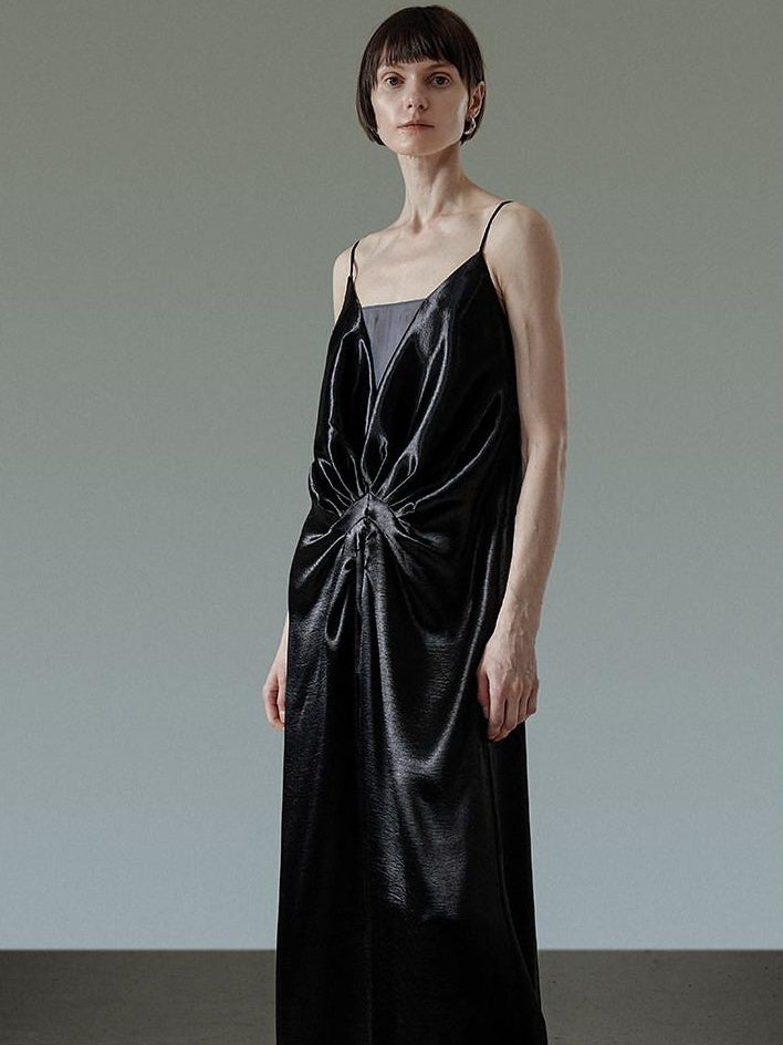 unspoken Satin Minimal V-neck Camisole Natural Waist City Commuter Women Maxi Dresses