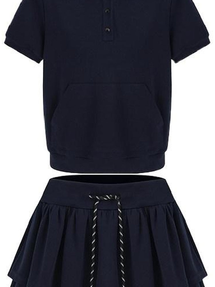fano Navy Polo Short Sleeve Two Piece Pullover Mini Skirt For Women Top & Skirt Sets