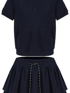 fano Navy Polo Short Sleeve Two Piece Pullover Mini Skirt For Women Top & Skirt Sets