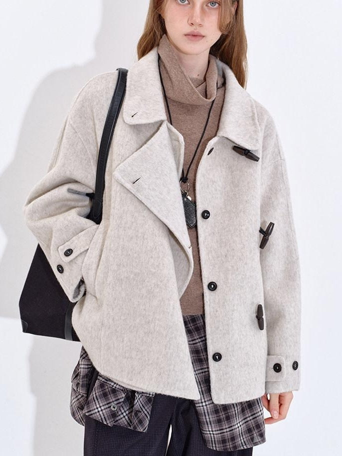 fano Wool Blend Korean Commuter Relaxed Fit Notched Collar Light Grey Short Coat