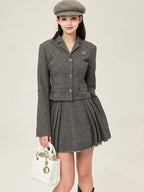 ikyou Tassel Button Slim Fit Square Neck Long Sleeve Work Gray Brown Top & Skirt Sets