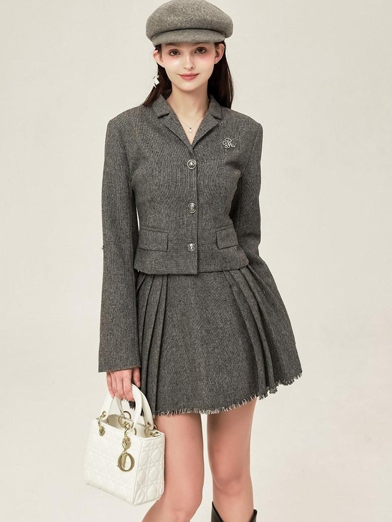 ikyou Tassel Button Slim Fit Square Neck Long Sleeve Work Gray Brown Top & Skirt Sets