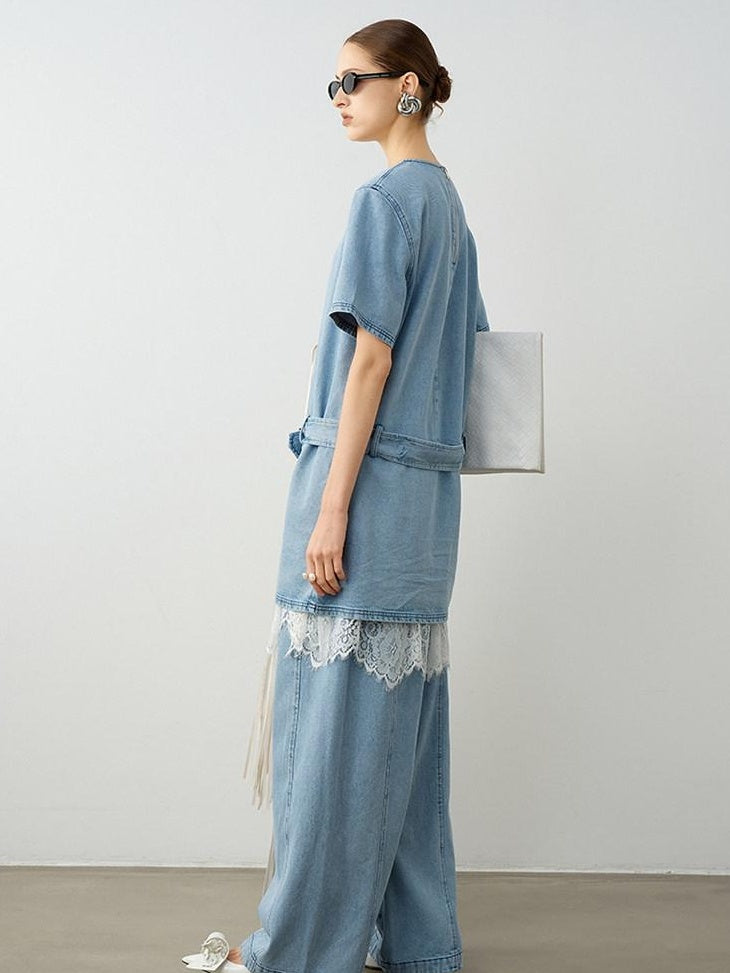 audreyyang Washed Tencel Micro Stretch Straight Fit Denim Blue Casual Short Sleeve T-Shirts