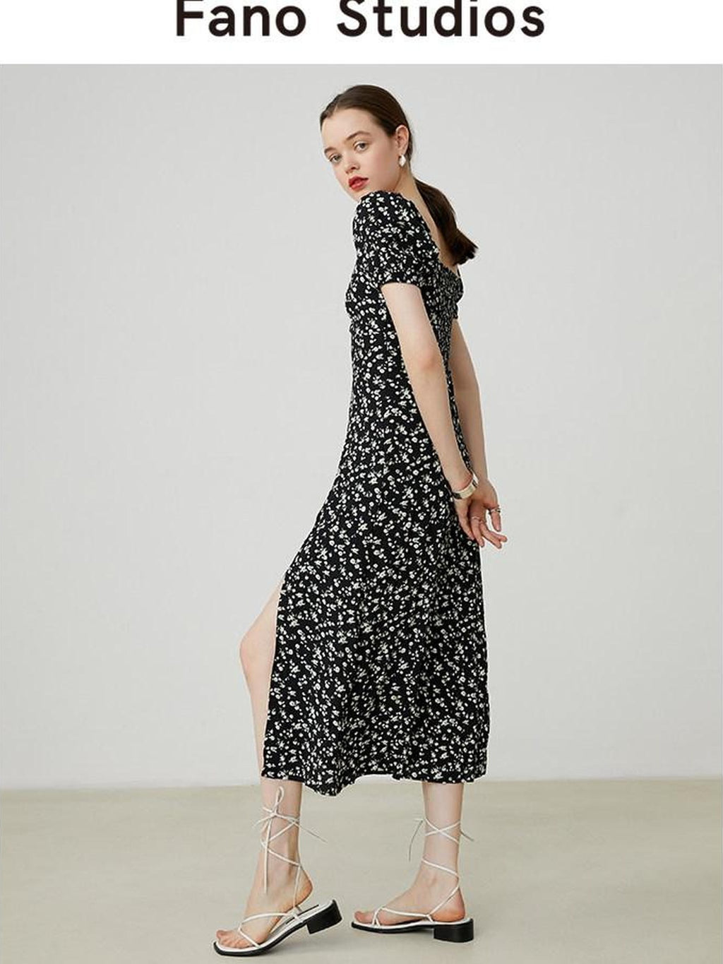 fano Viscose Square Neck Puff Sleeve A Line Casual Black Floral Maxi Dresses