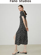 fano Viscose Square Neck Puff Sleeve A Line Casual Black Floral Maxi Dresses