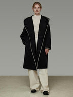 unspoken Cozy Minimalist Commuter Loose Hooded Midlength Women Black Tie Wool Coats