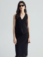audreyyang Padded V-neck Striped Cropped Commuter Strap Women Black Single Button Vests