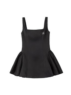 ikyou Waist Cinch Casual A Line Square Neck Sleeveless Black Midi Dresses