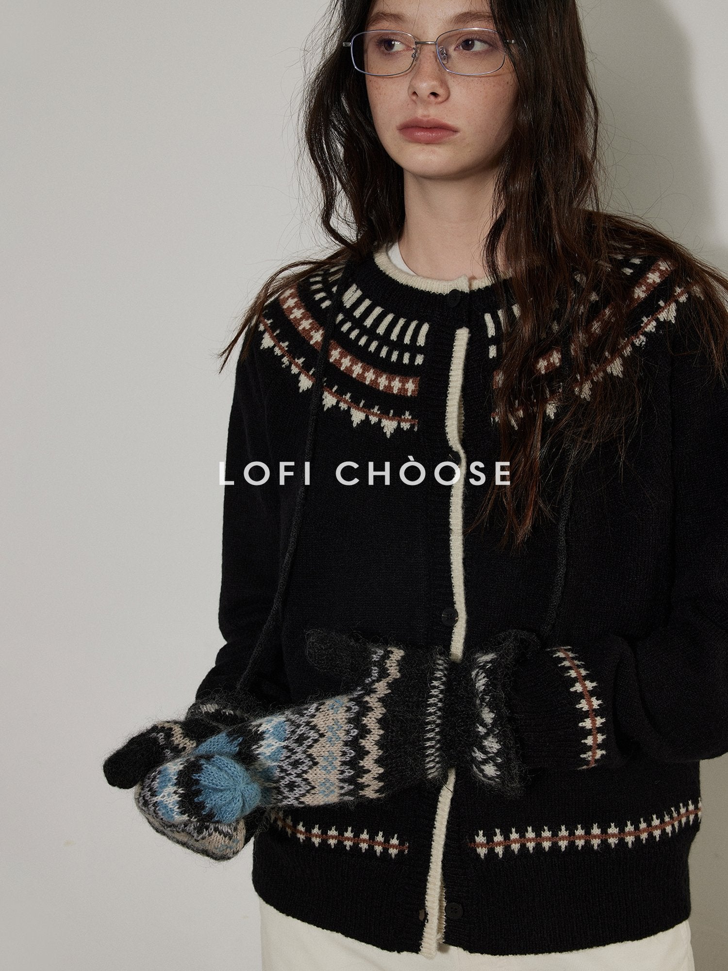 Lofi choose Cozy Soft Thick Vintage Loose Fit Colorblock Geometric Button Front Cardigans