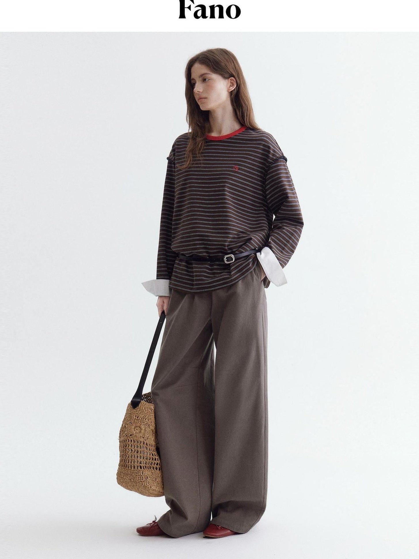 fano Comfort Cotton Stretch Striped Korean Loose Fit Women Long Sleeve T-Shirts