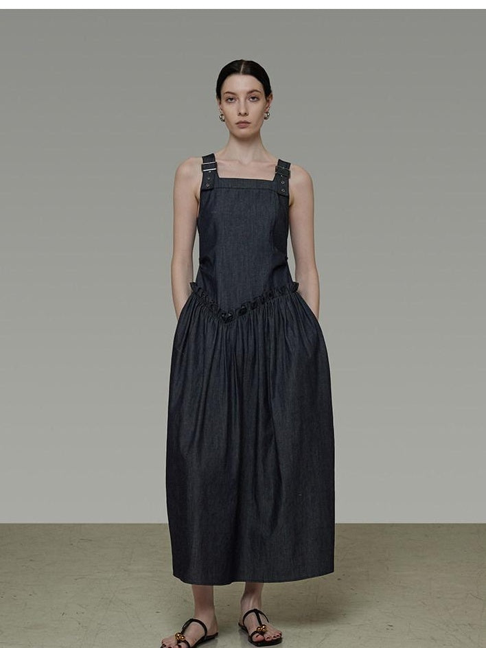 unspoken Minimalist Pleated Cinched Waist Cotton A Line Strap Dress Women Maxi Dresses