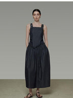 unspoken Minimalist Pleated Cinched Waist Cotton A Line Strap Dress Women Maxi Dresses