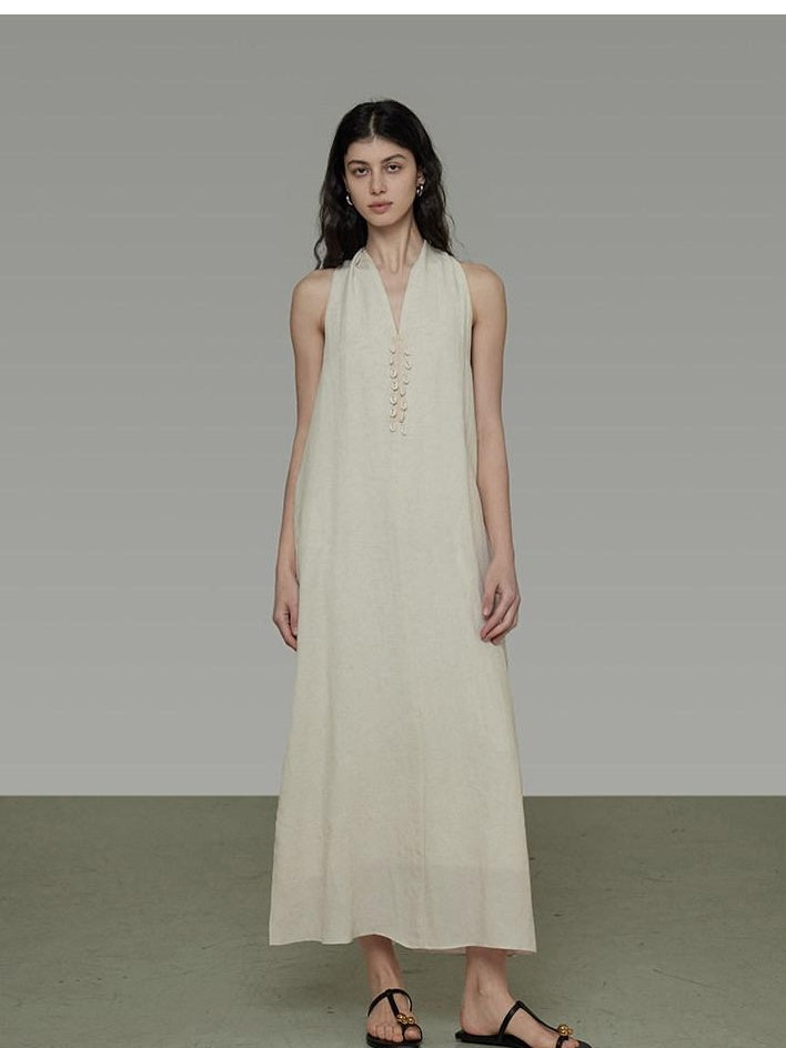 unspoken Soft Tencel Blend Minimal Halter Vneck Aline Relaxed Waist Maxi Dresses