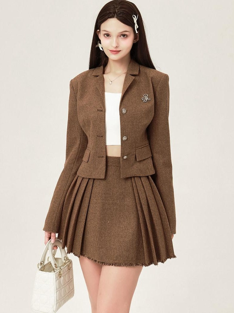ikyou Tassel Button Slim Fit Square Neck Long Sleeve Work Gray Brown Top & Skirt Sets