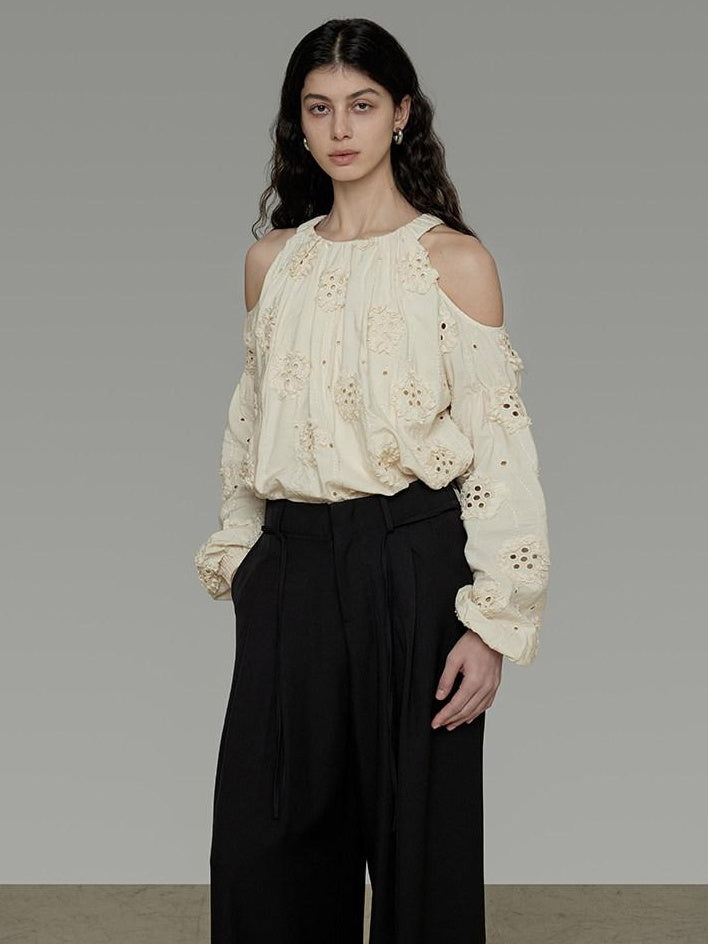unspoken Breathable Skin Friendly Embroidered Loose Round Neck Long Sleeve Office Blouses