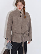 fano 70 Wool 30 Polyester Light Brown Women Korean Commuter Stand Collar Wool Coats