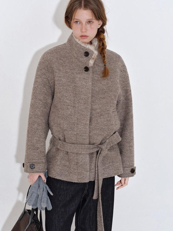 fano 70 Wool 30 Polyester Light Brown Women Korean Commuter Stand Collar Wool Coats
